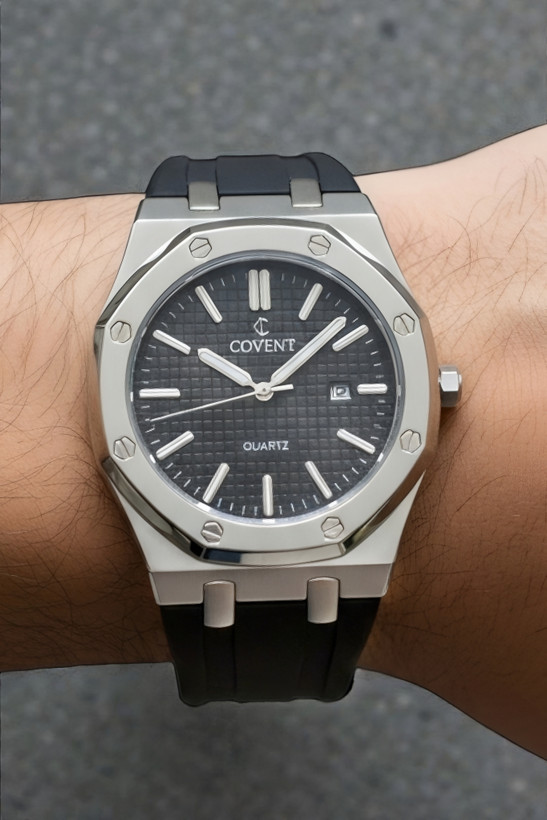 ساعت مردانه کادویی کاونت با بند رابر مشکی و قاب چند وجهی