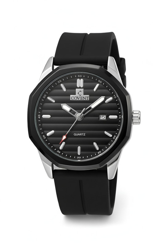 ساعت مردانه بند پیو برند COVENT ،با بند مشکی و صفحه مشکی