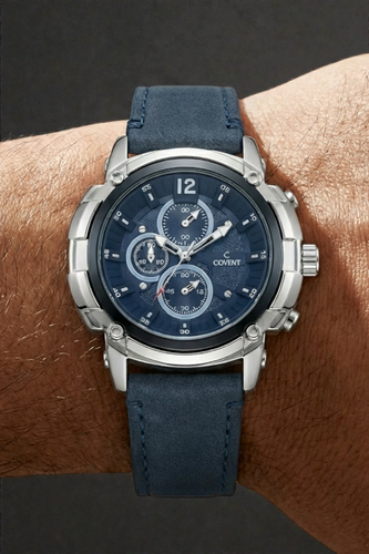 ساعت مردانه طرح کورنو کاونت با بند چرم سرمه ای و صفحه آبی