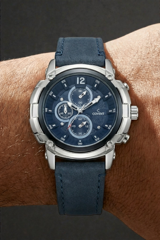 ساعت مردانه طرح کورنو کاونت با بند چرم سرمه ای و صفحه آبی