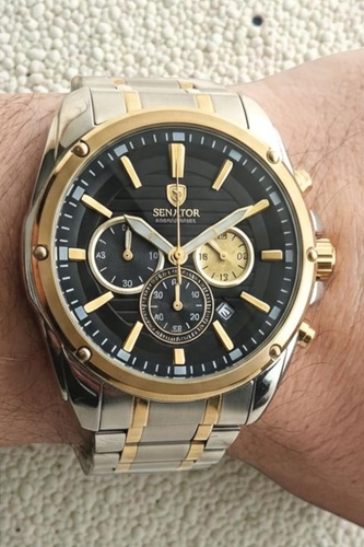ساعت مچی مردانه اسپرت سناتور با بند فلزی دو رنگ استیل طلایی و صفحه مشکی