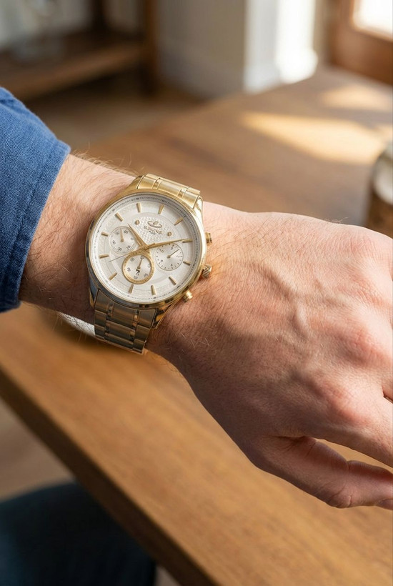 ساعت مچی مردانه الگانس با بند فلزی طلایی و صفحه سیلور