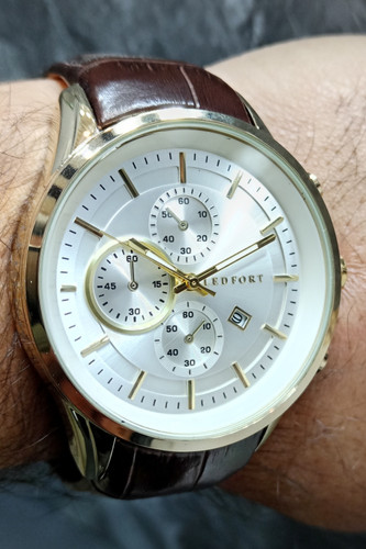 ساعت مچی مردانه لدفورت طرح سه موتوره با بند چرم قهوه ای و قفل پروانه ای