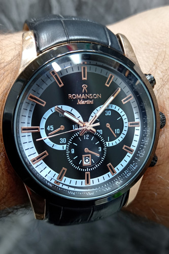 ساعت مچی طرح سه موتوره مردانه با بند چرم مشکی و قاب رزگلد