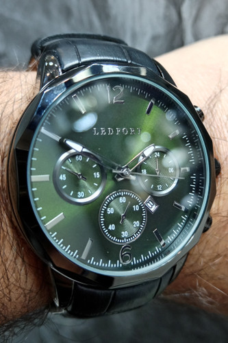 ساعت مردانه اسپرت طرح سه موتوره لدفورت با بند چرم مشکی و صفحه سبز