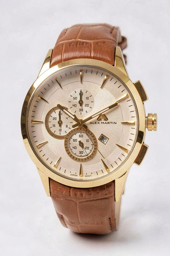 ساعت مچی مردانه طرح سه زمانه بند چرم الکس مارتین با موتور ژاپن