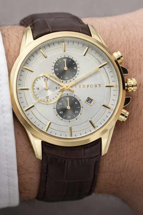 ساعت مچی اسپرت مردانه با بند چرم قهوه ای و رنگ قاب طلایی