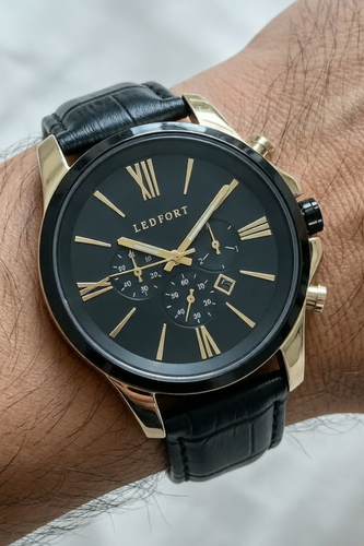 ساعت مچی اسپرت مردانه لدفورت با بند چرم مشکی و رنگ قاب طلایی