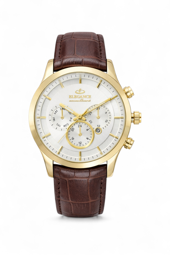 ساعت مردانه الگانس با بند چرم قهوه ای و صفحه روشن