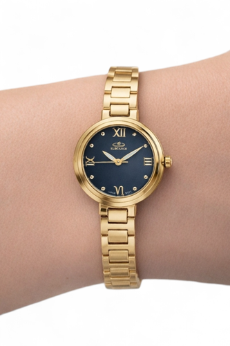 ساعت ظریف زنانه الگانس با بند فلزی رنگ طلایی و صفحه مشکی