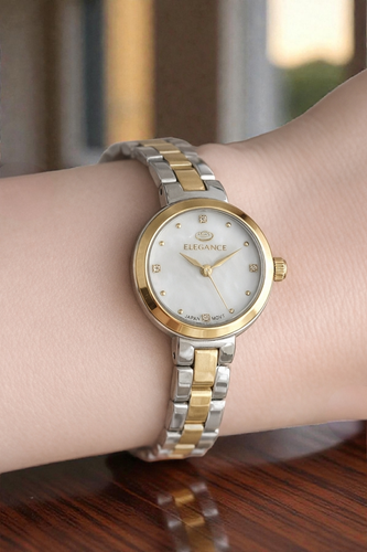 ساعت ظریف الگانس زنانه با بند فلزی استیل دو رنگ طلایی و قاب ظریف