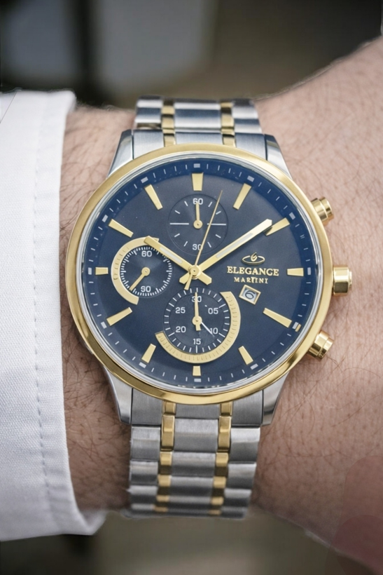 ساعت مچی مردانه الگانس با بند فلزی دو رنگ استیل طلایی و صفحه سرمه ای