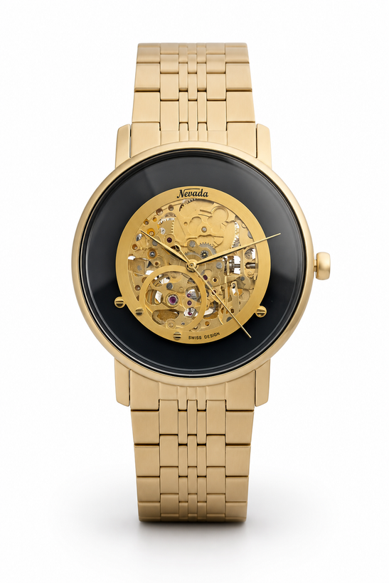 قیمت و خرید ساعت مردانه اتوماتیک نوادا رفرانس 1366 با رنگ طلایی و صفحه مشکی از rosetime.ir